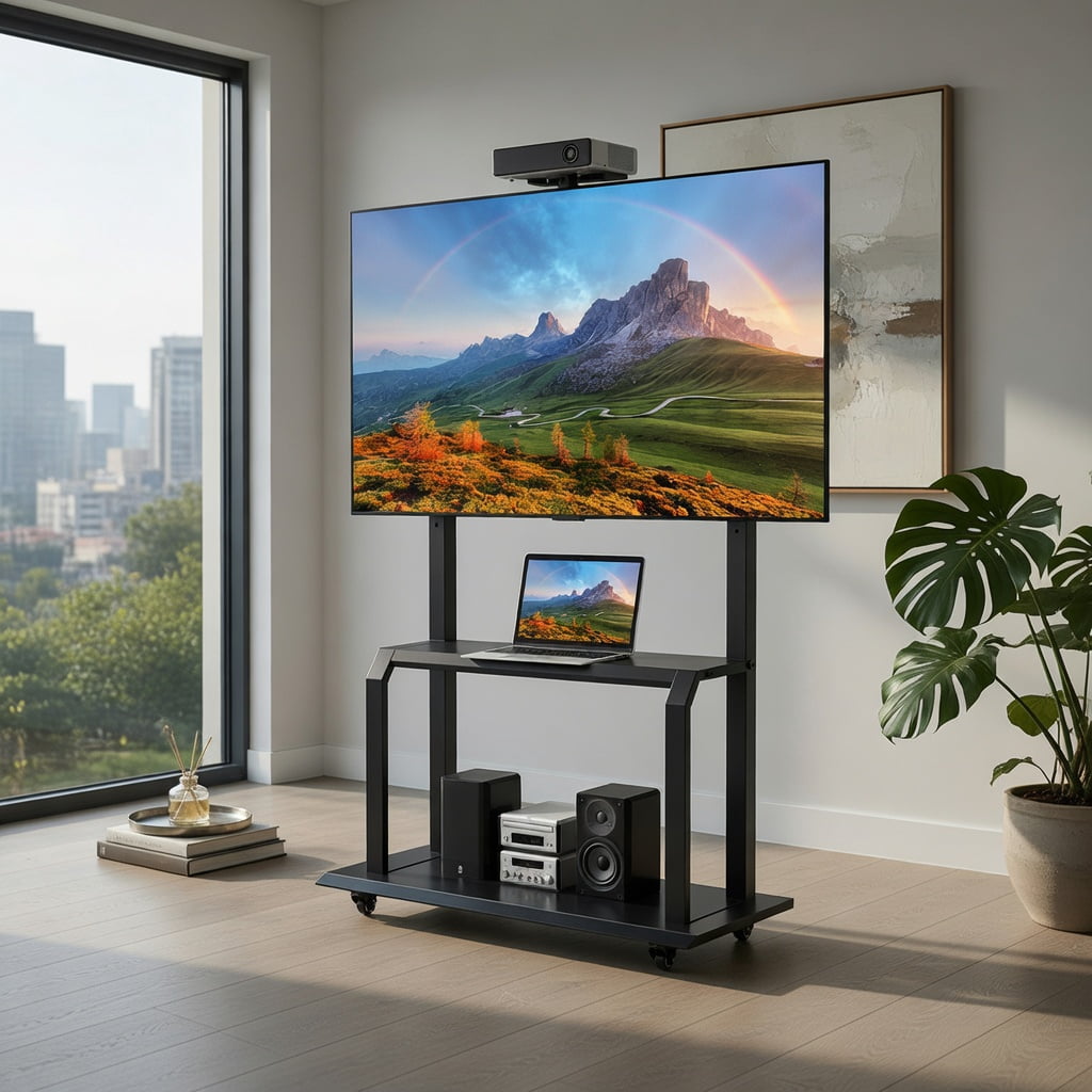 Topcobe Mobile TV Stand with Camera Shelf and AV Shelves for 32"-80" Flat/Curved TVs, TV Stand for Living Room, Classic Design, Black