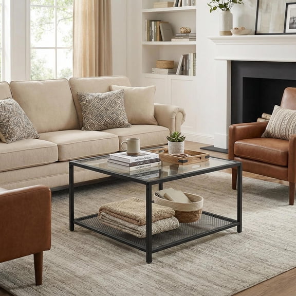 Topcobe Modern 2-Tier Square Glass Coffee Table with Mesh Shelf, Living Room Furniture Table, Sofa Table, Fashion Design, Gray