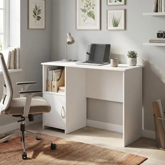 Topcobe Modern Computer Desk with Cabinet, Home Office Furniture, Ideal for Working and Studying, White