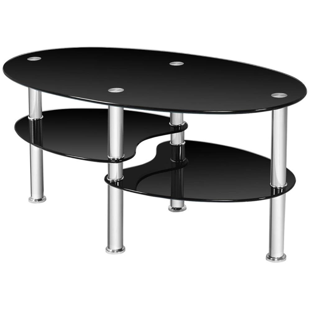 Topcobe Modern Glass Coffee Table, Oval Side Coffee Table, Stable Glass TV Stand Side End Table for Living Room, Black