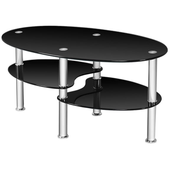 Topcobe Modern Glass Coffee Table, Oval Side Coffee Table, Stable Glass TV Stand Side End Table for Living Room, Black