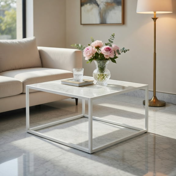 Topcobe Modern Glass Square Coffee Table with Metal Frame for Living Room, Unique Low Coffee Tables, Stylish Design, White