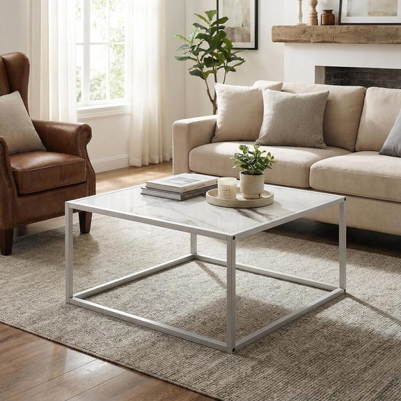 Topcobe Modern Glass Square Coffee Table with Metal Frame for Living Room, Unique Low Coffee Tables, Stylish Design, White