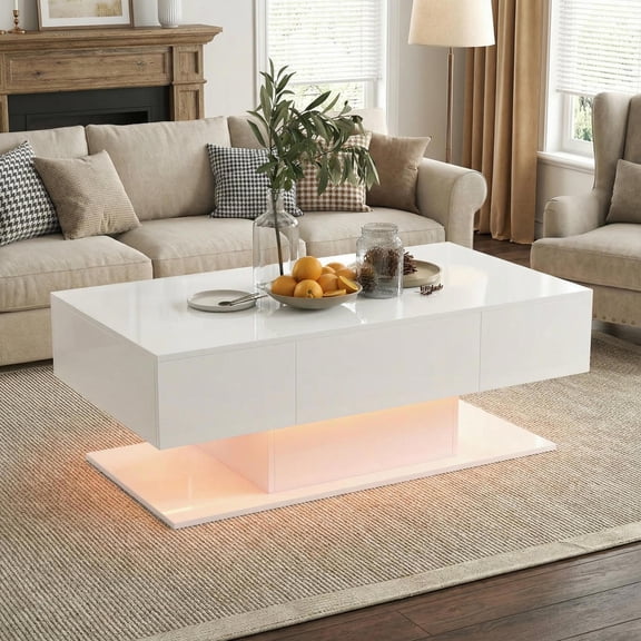 Topcobe Modern LED Coffee Table with 20 Color LED Lights and 2 Storage Drawers, Living Room Furniture Table, Sofa Table, Fashion Design, White