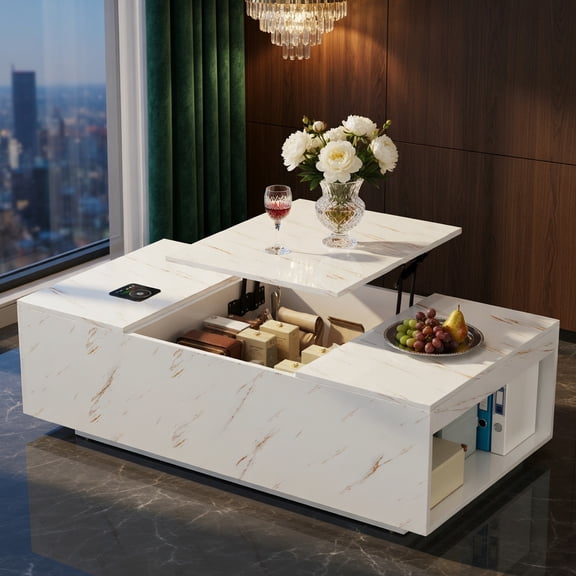 Topcobe Modern Lift Top LED Coffee Table, Modern Furniture for Living Room, Wireless Charging, Bluetooth Speaker, 24-Color RGB Lighting White