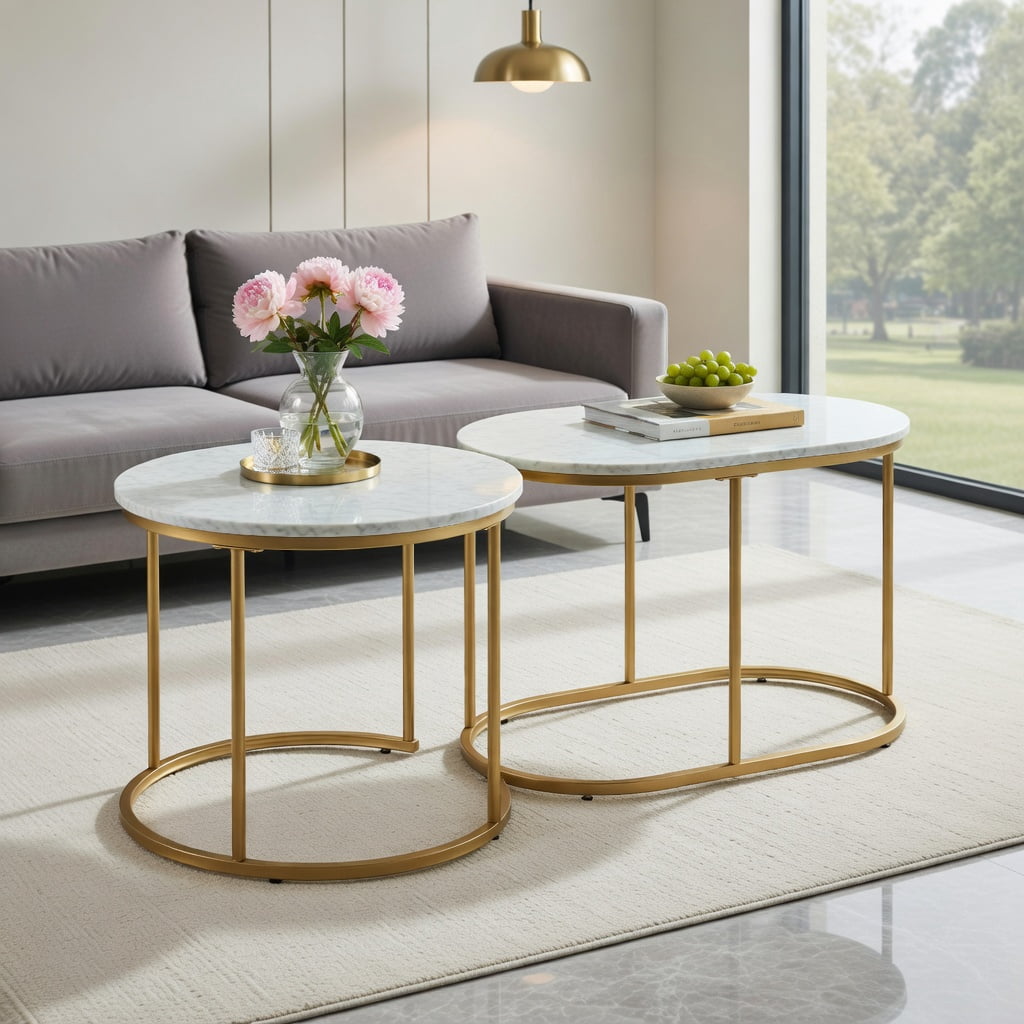 Topcobe Modern Nesting Coffee Table Set of 2, Round Coffee Tables for Living Room, Stylish Design, White