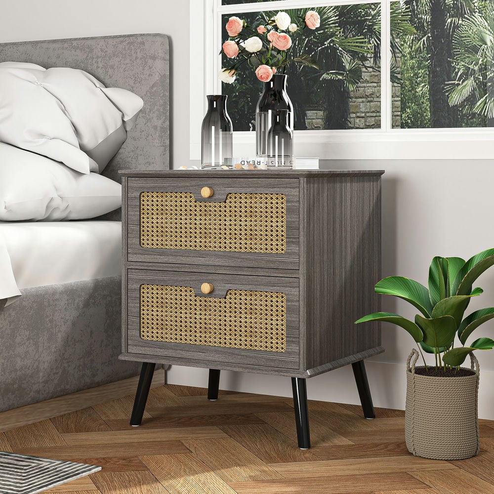 Topcobe Modern Nightstand with 2 Rattan Decorated Drawers, Bed Side Table, End Table Storage Wood Cabinet for Bedroom, Living Room, Gray Topcobe Modern Nightstand with 2 Rattan Decorated Drawers, Bed Side Table, End Table Storage Wood Cabinet for Bedroom, Living Room, Gray
