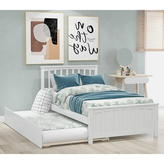 Topcobe Modern Pine Wood with Trundle Platform Bed, Twin, White