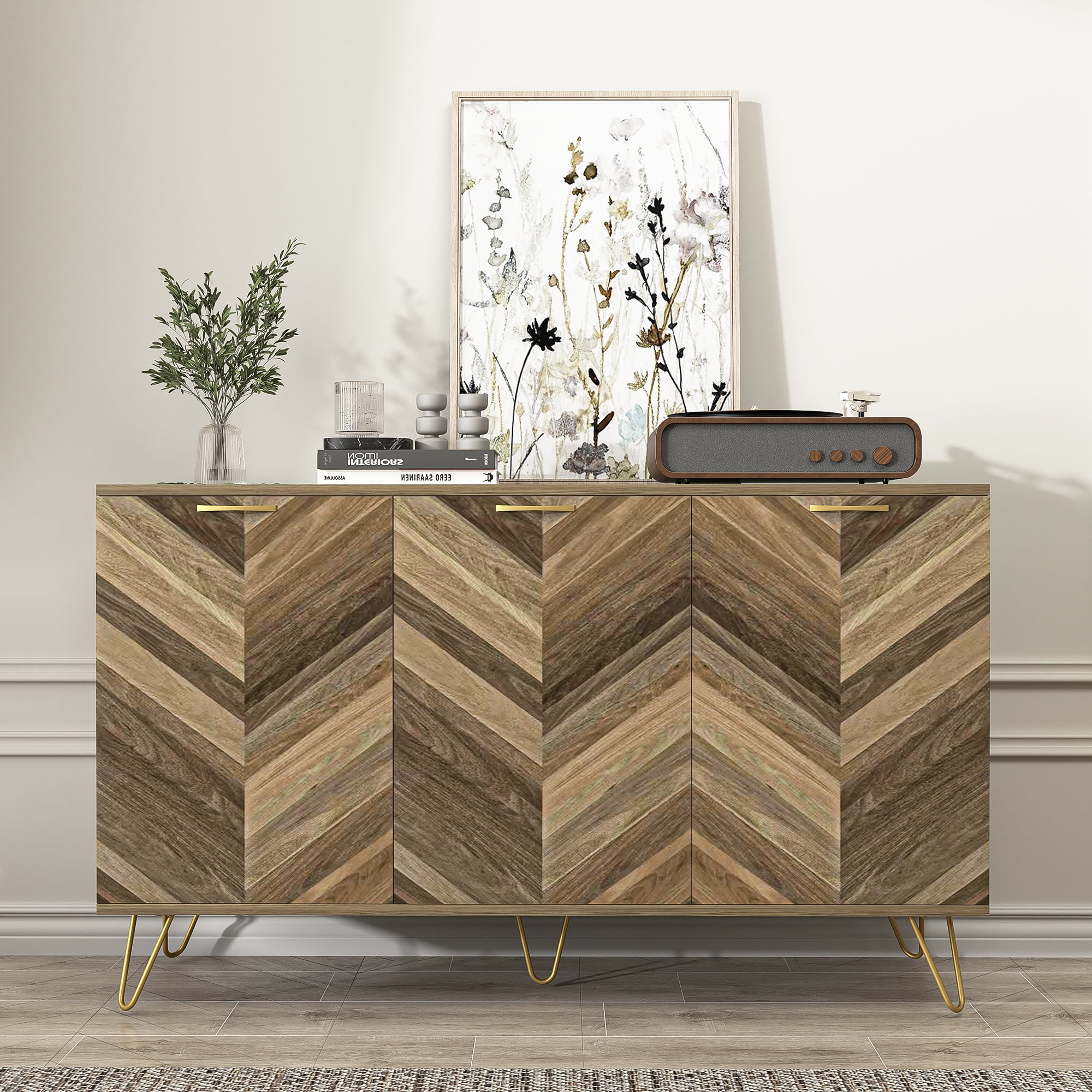 Topcobe Modern Sideboard Buffet, Storage Accent Cabinet with 3 Doors and Matte Metal Base for Hallway, Entryway, Walnut