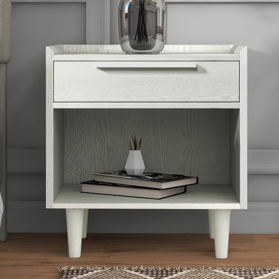 Topcobe Modern Style Manufactured Wood One-Drawer Nightstand with Solid Wood Legs, Bedside Cabinet with Wood Top for Living Room Bedroom Hallway, White