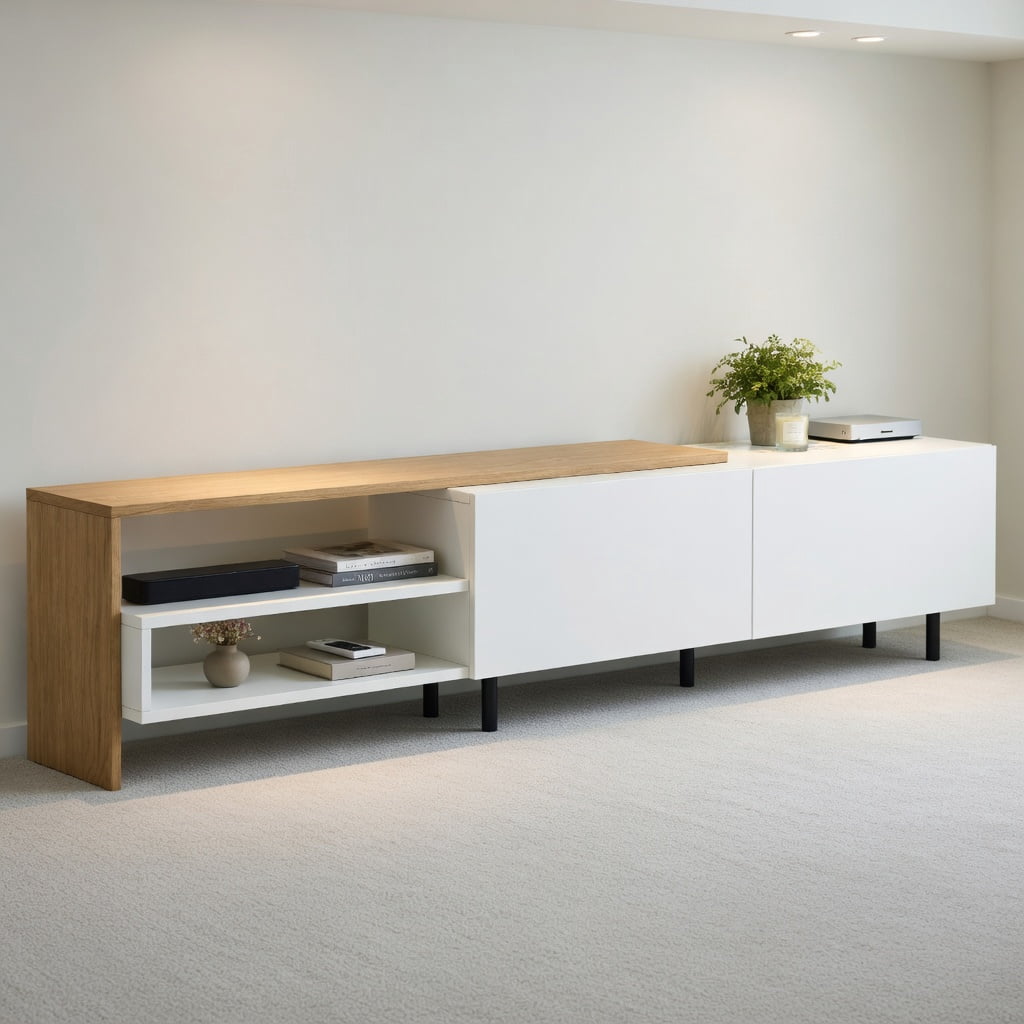 Topcobe Modern TV Stand for 80 Inch TVs with Storage Shelves and Cabinets, Entertainment Center with Storage-White