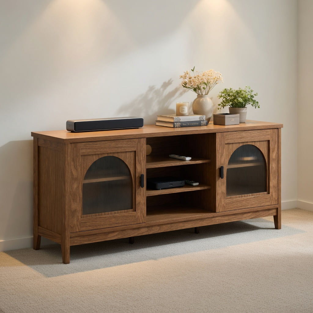 Topcobe Modern Vintage TV Cabinet with Adjustable Shelves and 2 Cable Holes for TVs Up to 65 Inches, Modern Furniture for Living Room, Practical, Easy to Assemble-Walnut