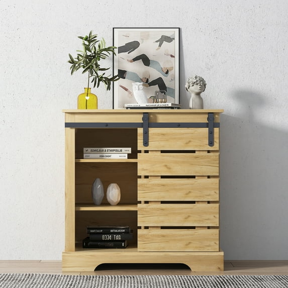 Topcobe Modern Wooden Storage Cabinet with Sliding Barn Door, Storage Sideboard Buffet for Hallway Living Room Kitchen, Farmhouse Coffee Bar Cabinet with Interior Shelves, Natural