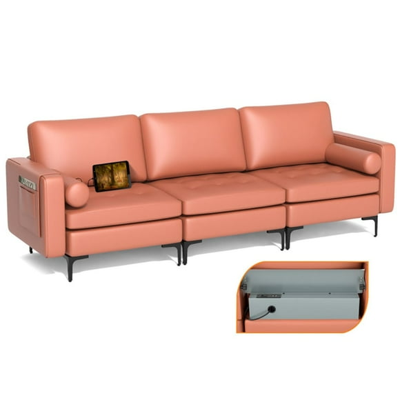 Topcobe Modular 3-Seat Sofa Couch with Socket USB Ports and Side Storage Pocket, Couches for Living Room, Stylish and Comfortable Design, Red