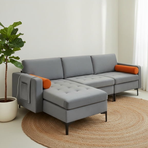 Topcobe Modular L-Shaped 3-Seat Sectional Sofa with Reversible Chaise and 2 USB Ports, Couches for Living Room, Chair Bed Sleeper for Adults, Stylish and Comfortable Design, Gray