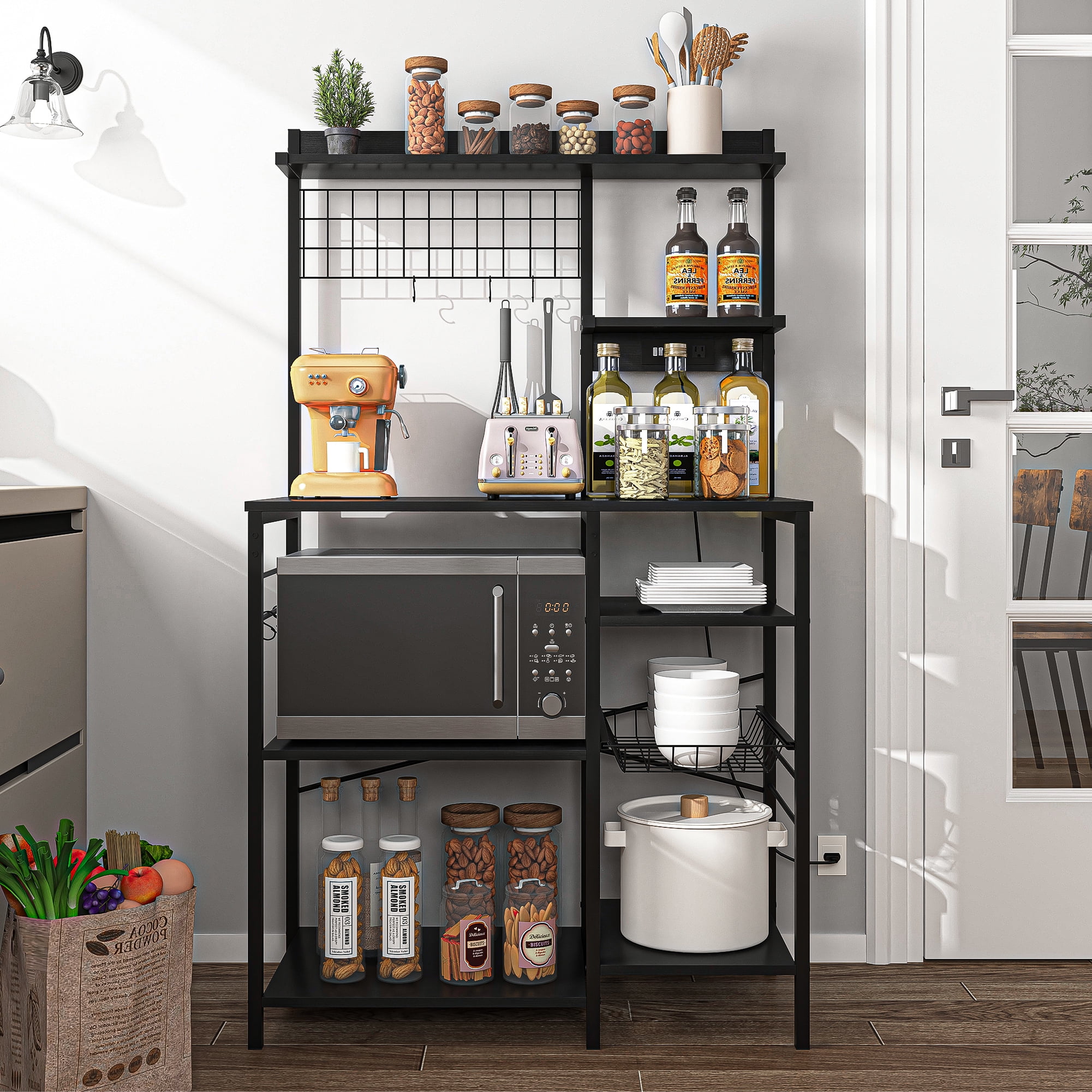 Topcobe, Multifunctional Kitchen Shelf With Self-charging Plate With 8 Removable Hooks, Pull-out Metal Fruit Basket, Black Topcobe, Multifunctional Kitchen Shelf With Self-charging Plate With 8 Removable Hooks, Pull-out Metal Fruit Basket, Black