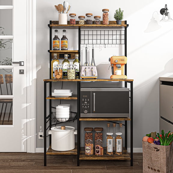 Topcobe, Multifunctional Kitchen Shelf With Self-charging Plate With 8 Removable Hooks, Pull-out Metal Fruit Basket, Brown