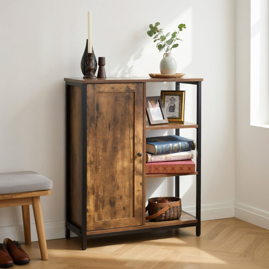 Topcobe Multipurpose Freestanding Storage Cabinet with 3 Open Shelves and Doors, Storage Cabinets for Living Room
