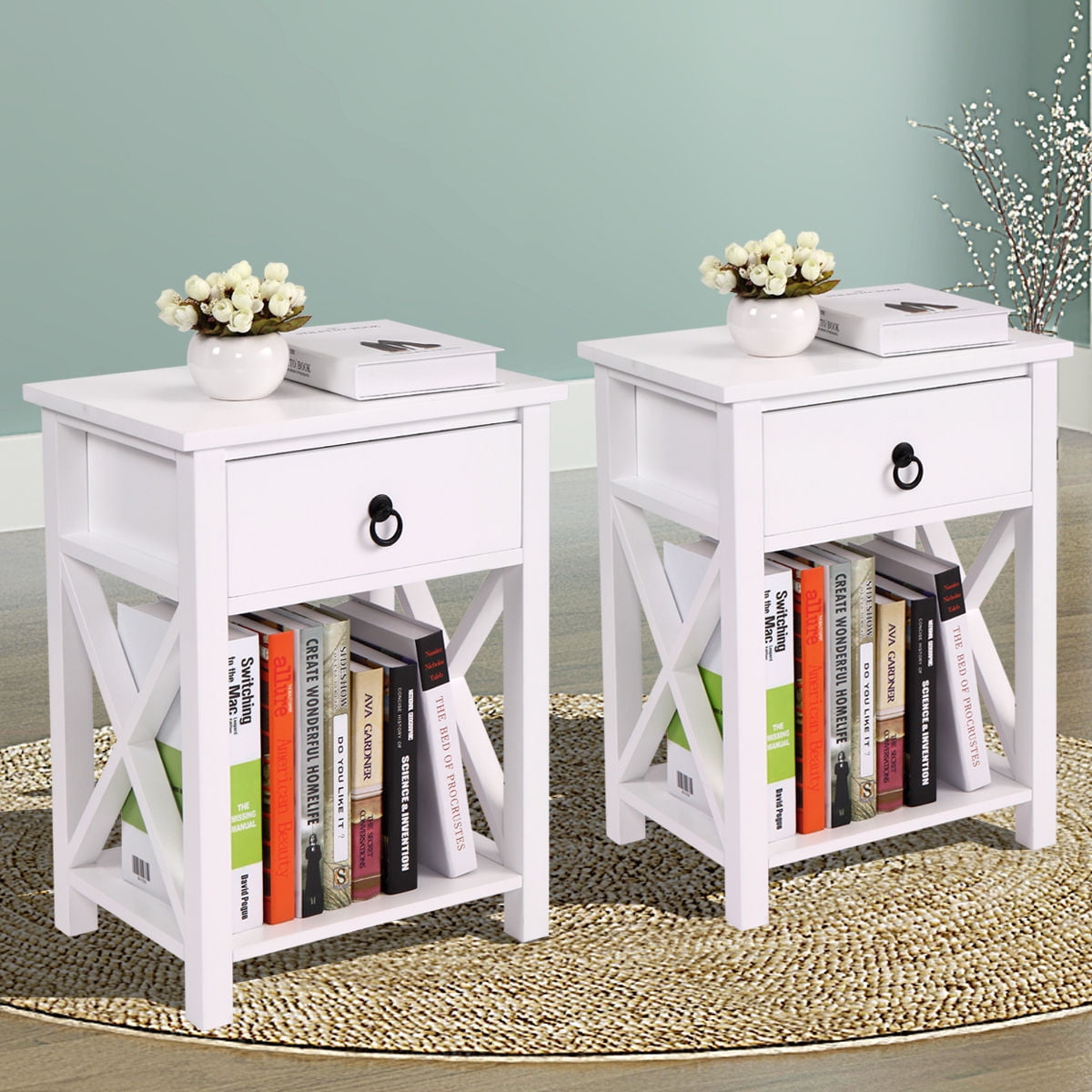 Topcobe Night Stand Set of 2, with 2 Bin Drawer and Storage Shelf, X-Design Storage Cabinet, Wood Nightstand for Bedroom, Living Room (15.7" x 11.8" x 20.8"), White Topcobe Night Stand Set of 2, with 2 Bin Drawer and Storage Shelf, X-Design Storage Cabinet, Wood Nightstand for Bedroom, Living Room (15.7" x 11.8" x 20.8"), White