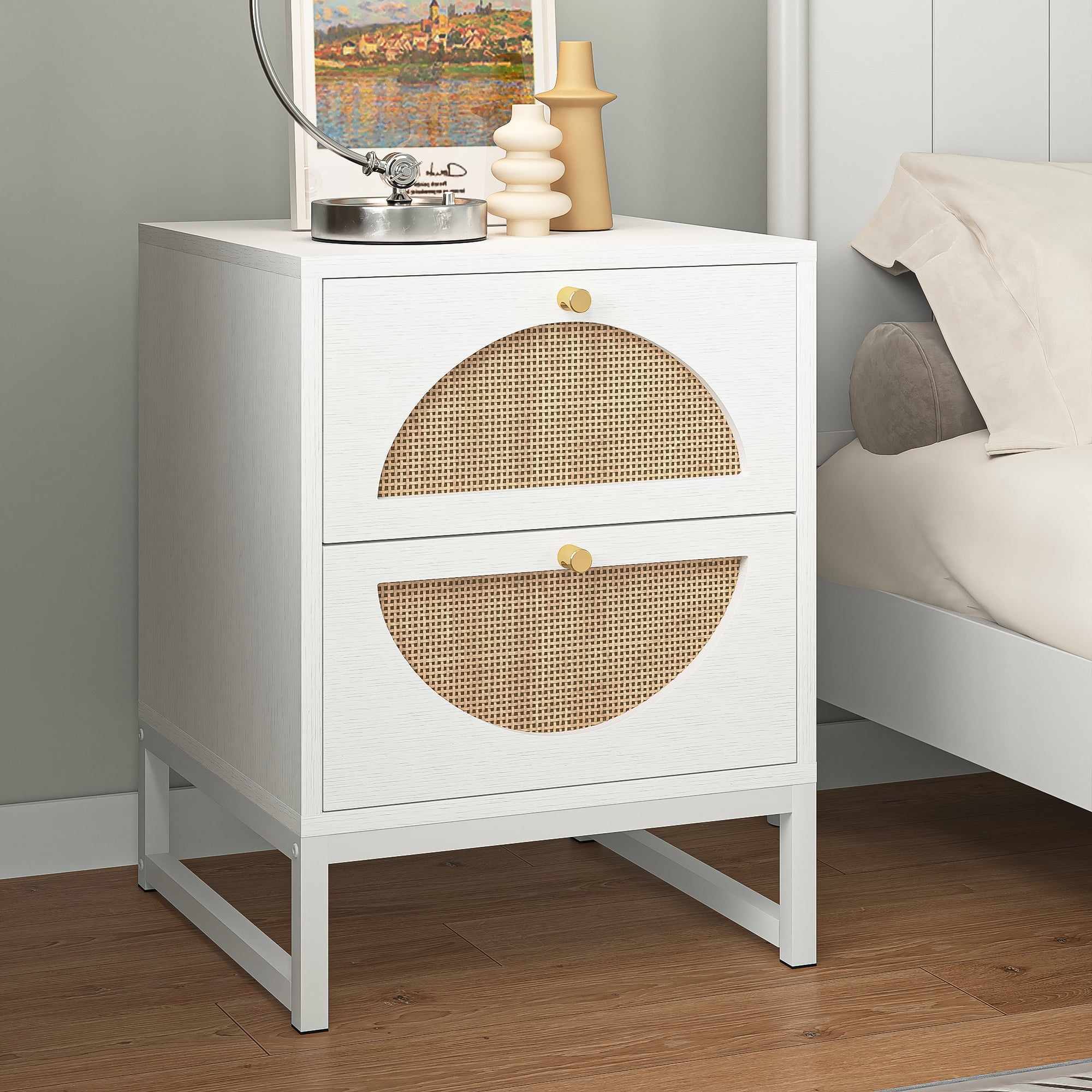 Topcobe Nightstand, Bed Side Table with 2 Drawers Barn Door, End Table Storage Wood Cabinet for Bedroom, Living Room, White
