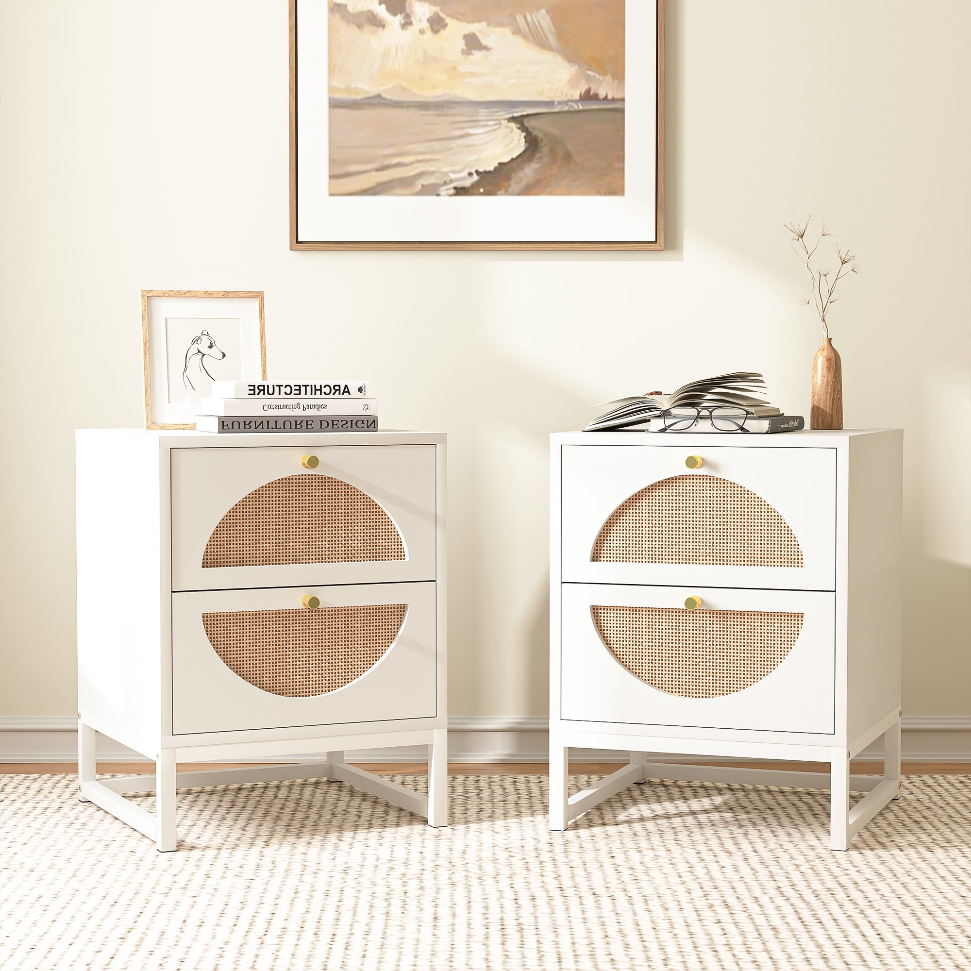 Topcobe Nightstand Set of 2, Bed Side Table with 2 Drawers Barn Door, End Table Storage Wood Cabinet for Bedroom, Living Room, White