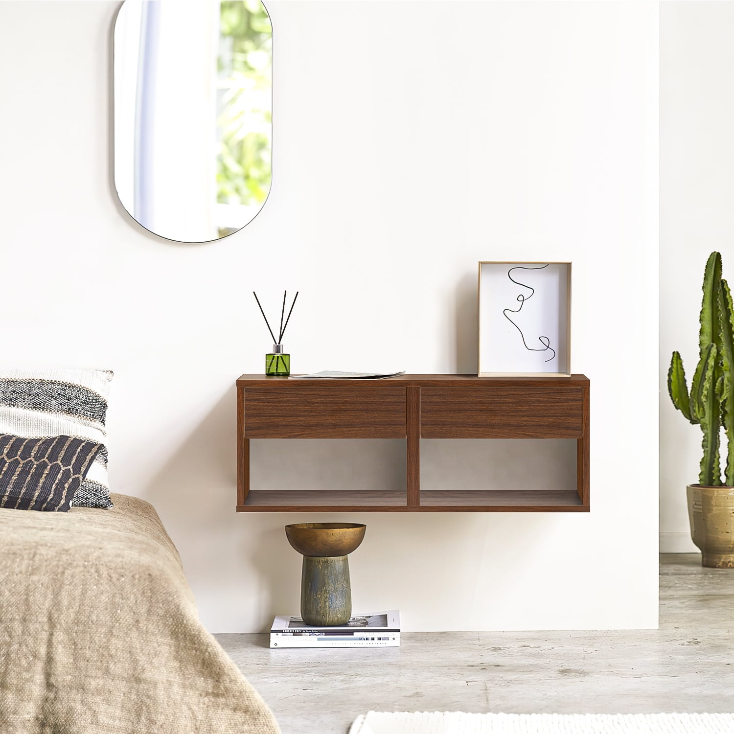 Topcobe Nightstand Set of 2 with 1 Drawer & Open Shelf, Easy Assembly Floating Nightstand Side Table for Home Office-Walnut