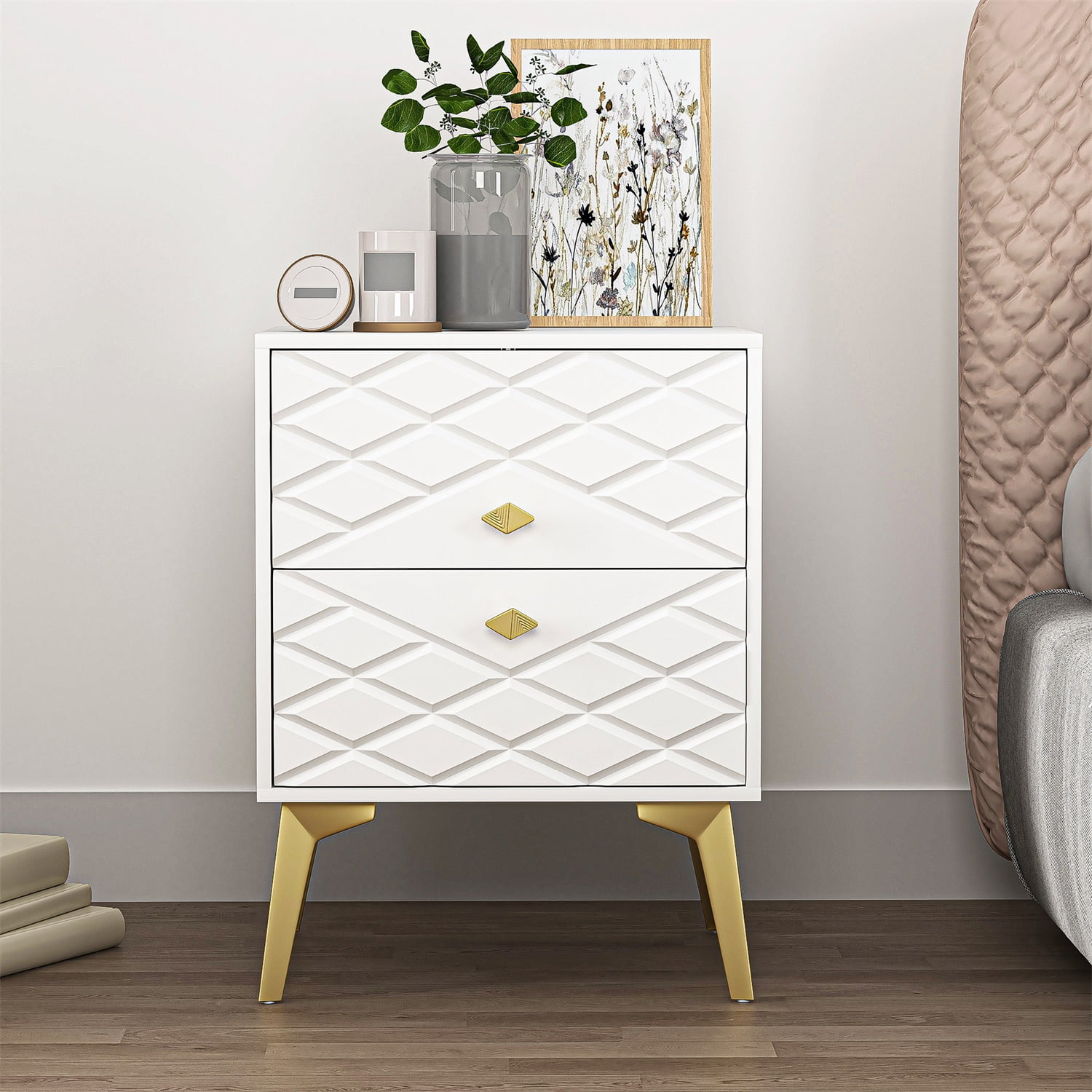 Topcobe Nightstand, White End Table with 2 Drawers, Modern Bedside Tables, Bed Side Table with Storage for Living Room, Bedroom, Dorm, 1-Pack