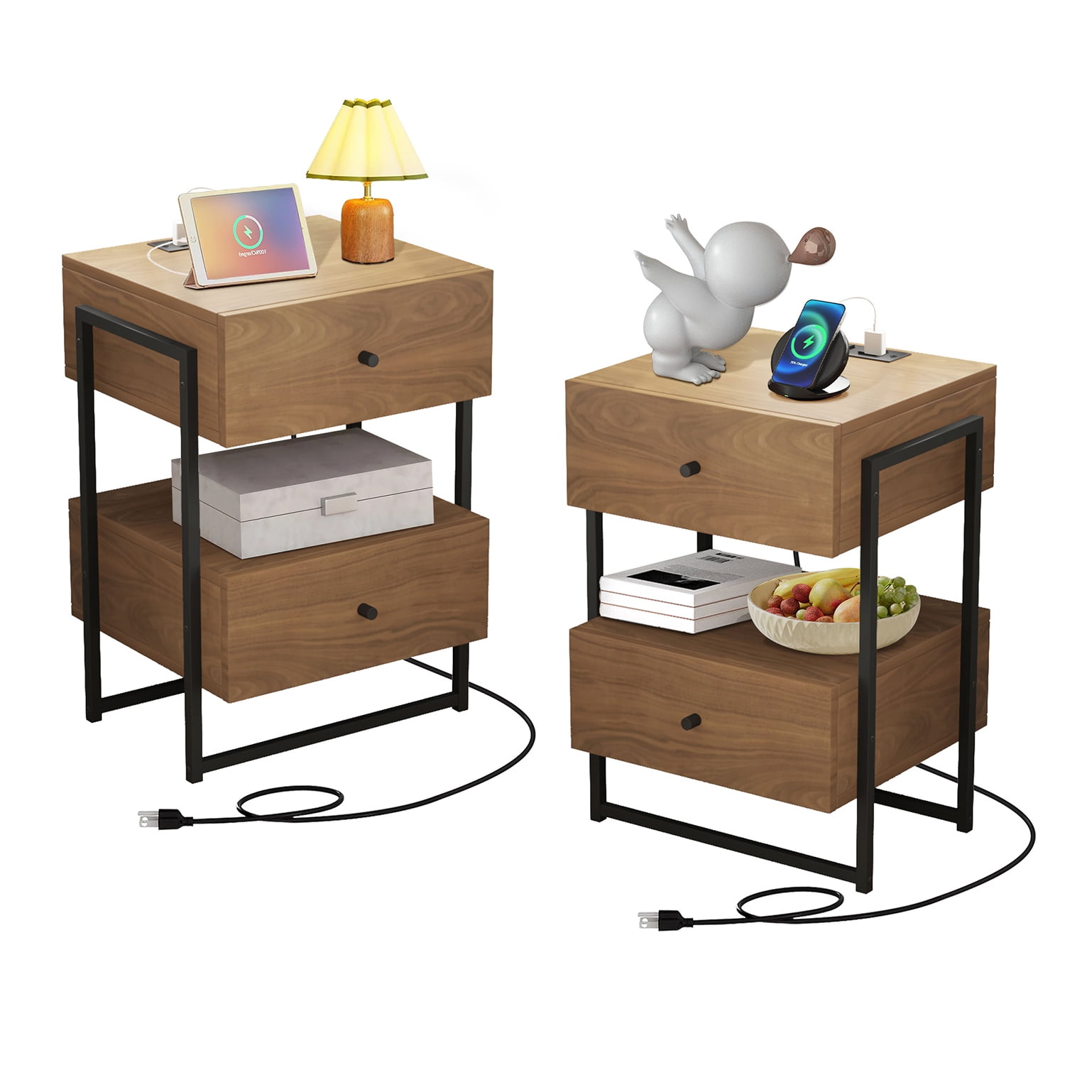 Topcobe Nightstands Set of 2, Retro End Table with Storage Drawer, Bedside Sofa Side Table with Charging Station and USB Ports for Living Room Bedroom, Walnut