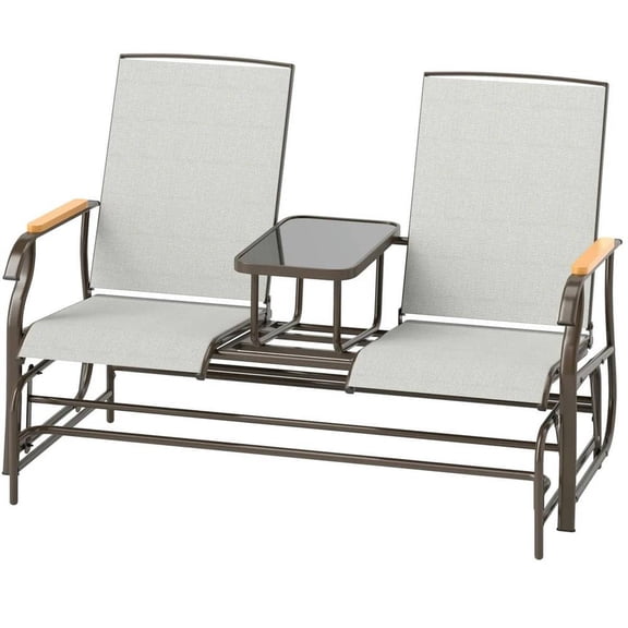 Topcobe Outdoor 2-Seater Swing Bench, Patio Glider Loveseat with Table, Rustic Steel Frame, Cream White Seating