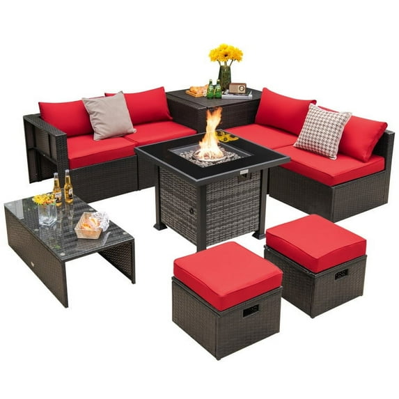 Topcobe Outdoor 9 Pieces Patio Furniture Set with Propane Fire Pit Table, Patio Furniture Sets, Red