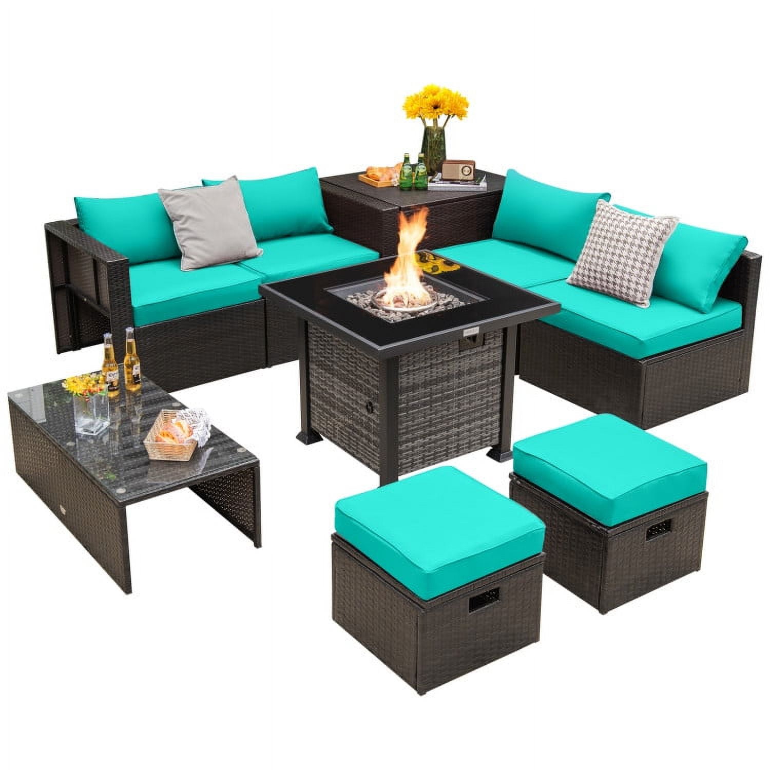 Topcobe Outdoor 9 Pieces Patio Furniture Set with Propane Fire Pit Table, Patio Furniture Sets, Turquoise