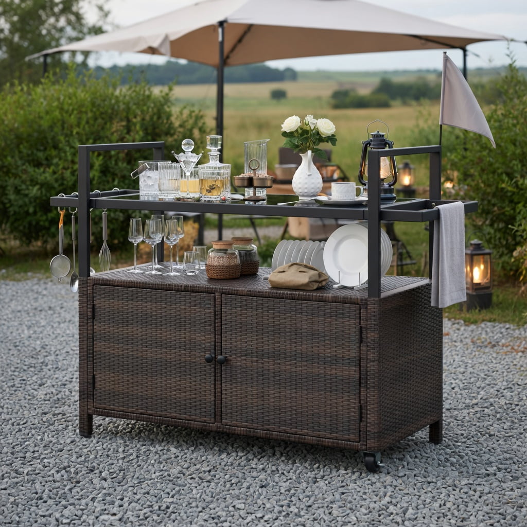 Topcobe Outdoor Bar Cart Wicker Buffet Serving Cart with Cabinet and 8 Hooks, Outdoor Patio Furniture for Garden Backyard Pool Deck-Brown