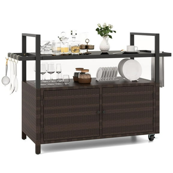 Topcobe Outdoor Bar Cart Wicker Buffet Serving Cart with Cabinet and 8 Hooks, Outdoor Patio Furniture for Garden Backyard Pool Deck-Brown