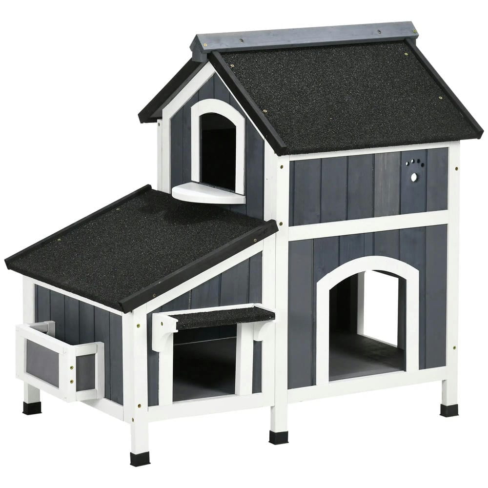 Topcobe Outdoor Cat House with Weather-resistant Roof & Garden Bed, Outdoor Cat Shelter Enclosure with Multiple Entrances, Modern Cat Furniture Hideout, Outdoor Wooden Feral Cat Shelter, Gray