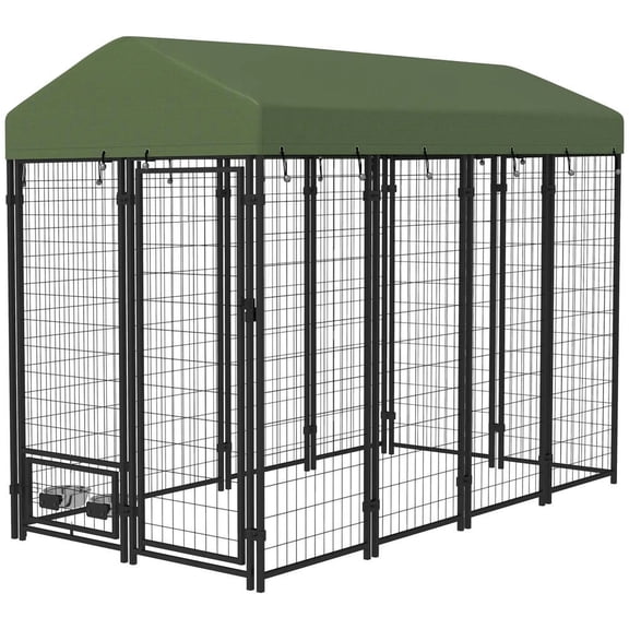Topcobe Outdoor Dog Kennel with Rotating Bowl Holders, Pet Playpen with Waterproof Cover, 8' x 4' x 6', Outdoor Wooden Pet Shelter, Green