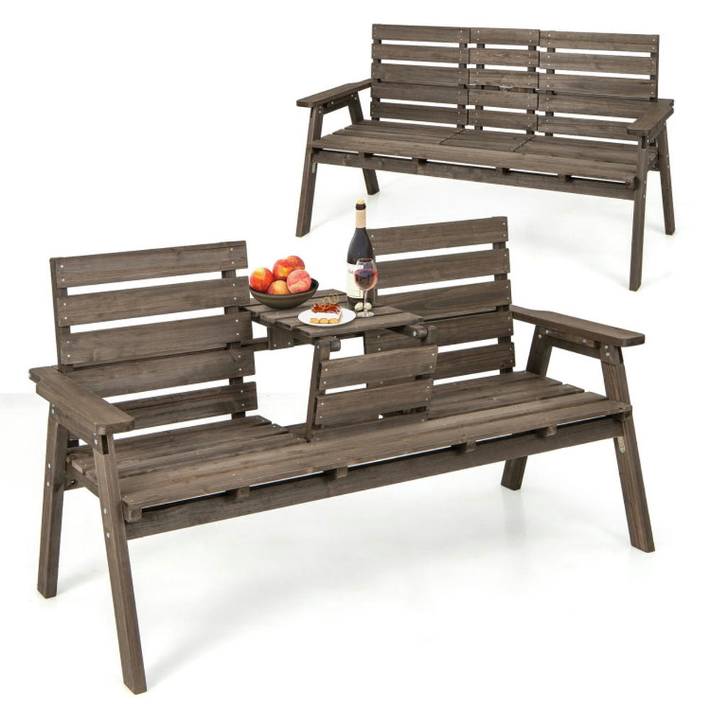Topcobe Outdoor Fir Wood Bench with Foldable Middle Table, Outdoor ...