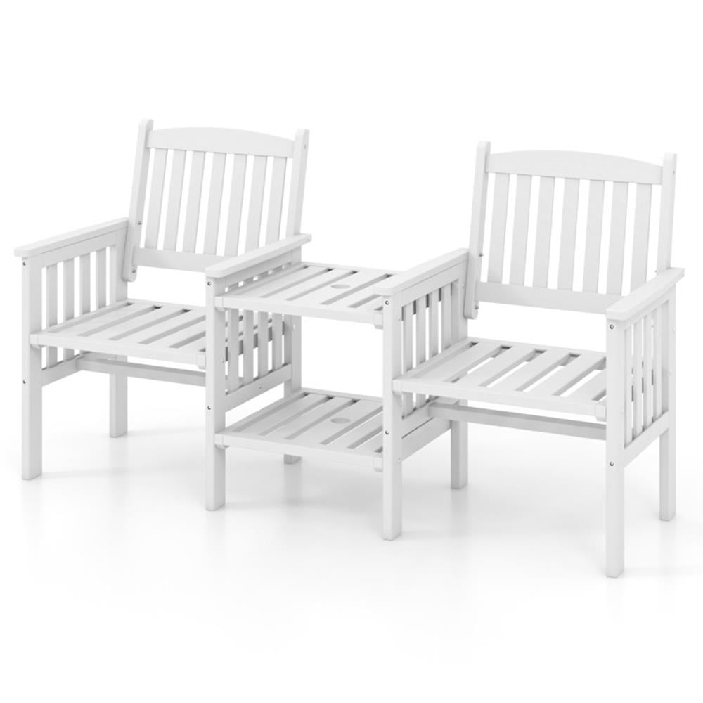 Topcobe Outdoor Fir Wood Loveseat with 2-Tier Side Table and 1.96" Umbrella Hole, Modern Outdoor Furniture for Patio Backyard, Garden-White