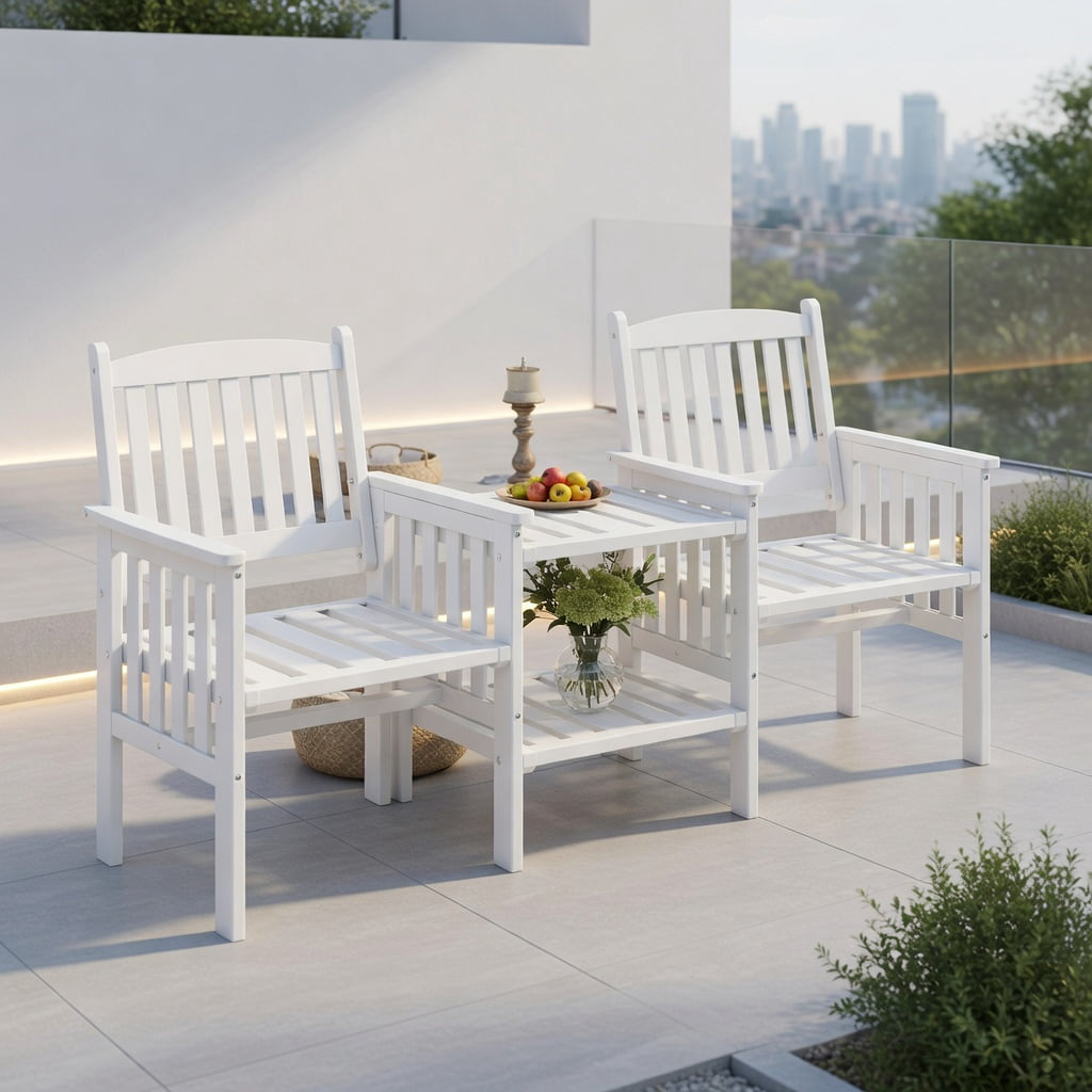 Topcobe Outdoor Fir Wood Loveseat with 2-Tier Side Table and 1.96" Umbrella Hole, Modern Outdoor Furniture for Patio Backyard, Garden-White