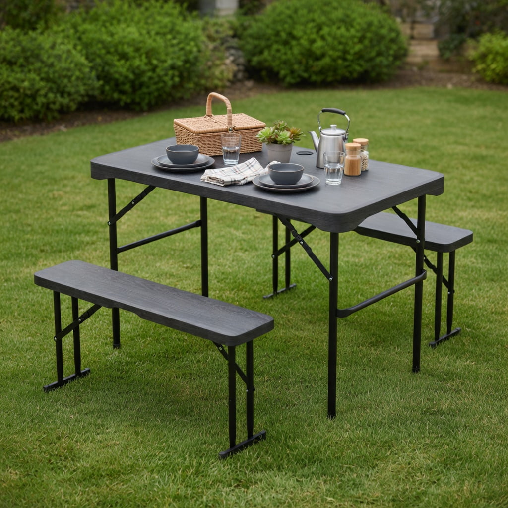 Topcobe Outdoor Folding Table Bench Set w All-Weather HDPE Tabletop and Sturdy Metal Frame, Outdoor Patio Furniture for Garden Backyard Pool Deck-Black