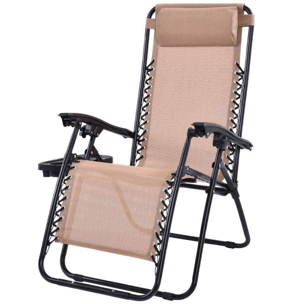 Topcobe Outdoor Folding Zero Gravity Reclining Lounge Chair with Utility Tray, Outdoor Patio Furniture, Beige