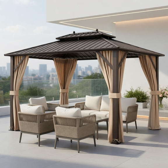 Topcobe Outdoor Oasis Ultimate Combo, All-Weather Rattan Seating Set with Hardtop Gazebo Shelter, Modern Patio Furniture, Easy to Assemble