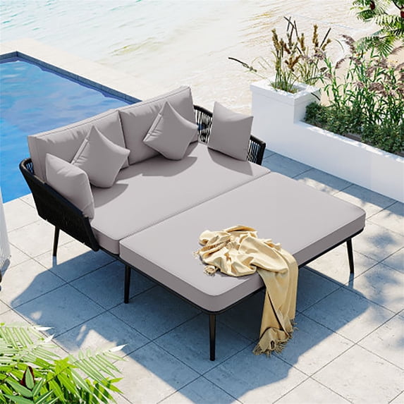 Topcobe Outdoor Patio Daybed, Woven Nylon Rope Backrest with Washable Cushions for Balcony, Poolside, Set for 2 Person, Gray