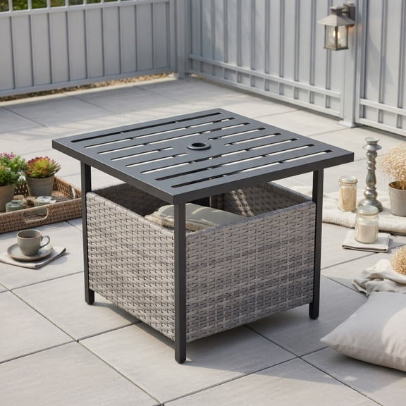 Topcobe Outdoor Patio Rattan Wicker Steel Side Deck Table, Outdoor Patio Furniture-Gray