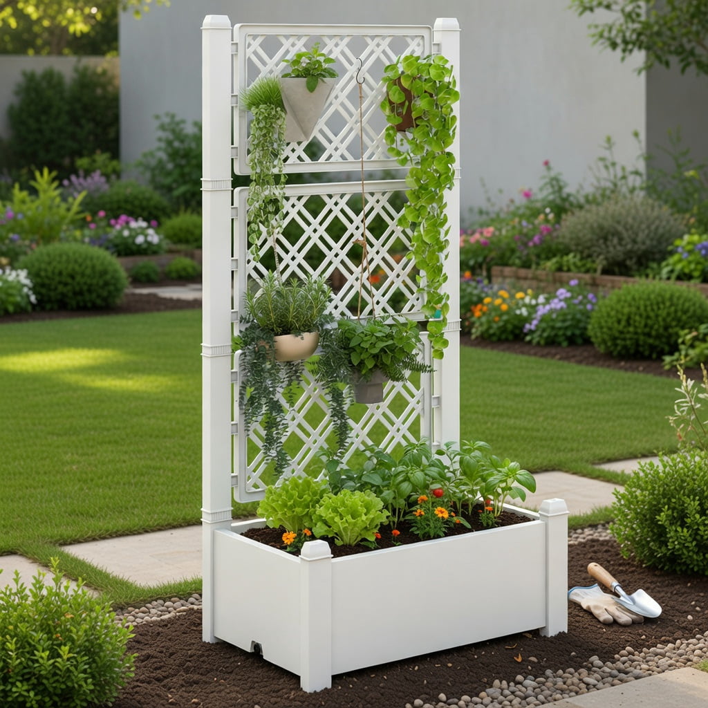 Topcobe Outdoor Planter Box Self-Watering Raised Garden Bed Trellis with Water Level Indicator, Planter Box, White