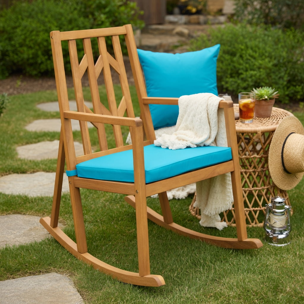 Topcobe Outdoor Rocking Chair with Cushion, Wooden Patio Rocker Chair for Lawn, Porch, Backyard, Indoor and Garden, Blue