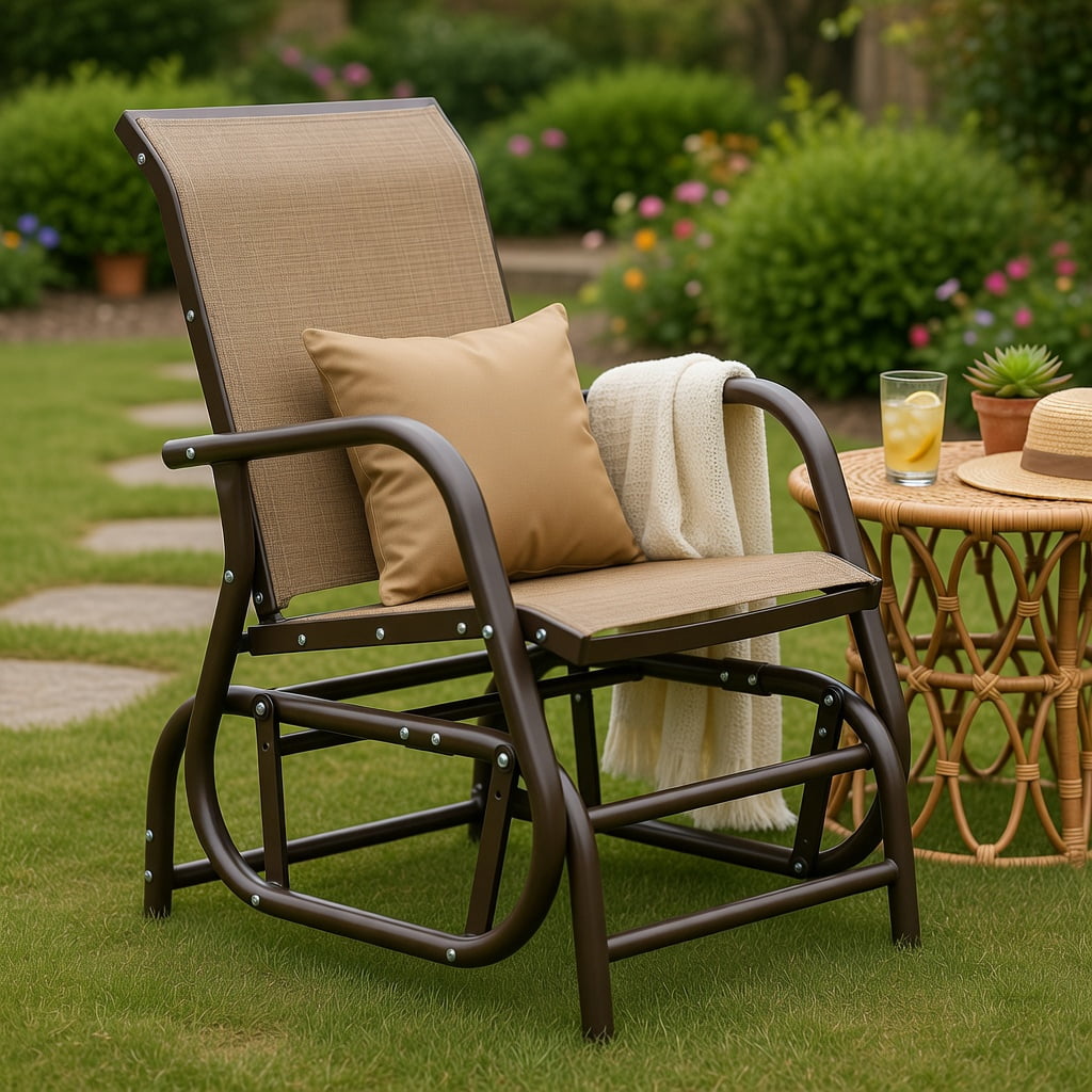 Topcobe Outdoor Single Chair with Coffee Table, Patio Glider Bench, Porch, Backyard, Sturdy, Brown