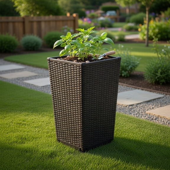 Topcobe Outdoor Wicker Flower Pot Set of 2 with Drainage Hole for Porch Balcony, Planters for Plants, Raised Garden Beds Indoor Outdoor, Brown