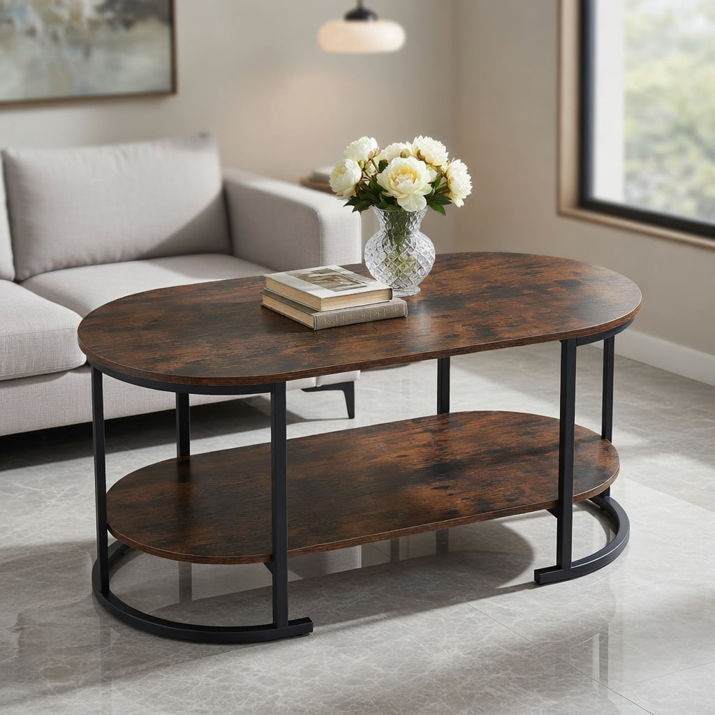 Topcobe Oval Coffee Table 2-Tier with Spacious Tabletop, Center Table for Living Room, Modern Furniture for Home-Open Storage-Rustic Brown