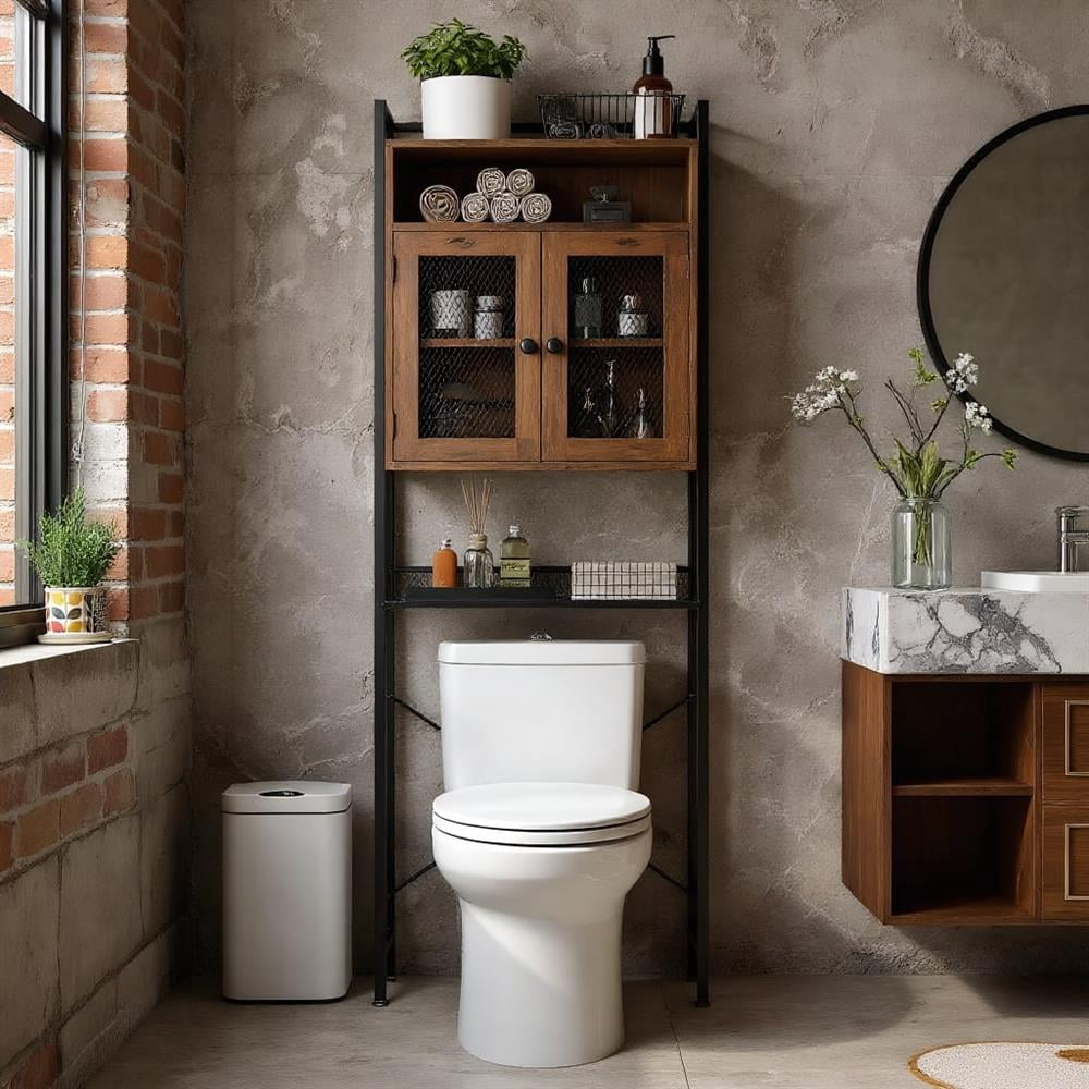 Topcobe Over-The-Toilet Storage Cabinet with Heavy-Duty Metal Frame 2-door Freestanding, Bathroom Furniture, Bathroom Shelves, Brown