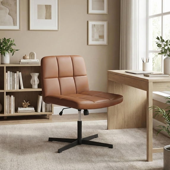 Topcobe PU Leather Upholstered Cross-legged Office Chair with Oversized U-shaped Seat for Home Office Make Up, Modern Furniture for Living Room, Bedroom-Brown